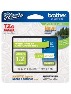 brother 12mm (0.47") White on Lime Green tape (TZMQG35)